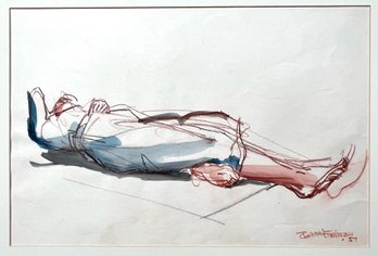 Robert Freiman Watercolor And Pencil, Male Nude Laying In Blue And Red