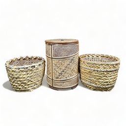 Three Large Woven Baskets - One Laundry Basket With Lid