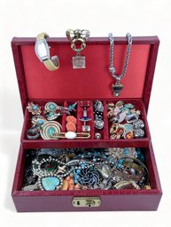 Filled Jewelry Box With Vintage Costume Jewelry, Watches, Rings, Pedants, Brooches