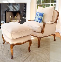 French Style Arm Chair And Ottoman Upholstered In White