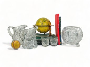 Very Cool Vintage Crystal Barware - Footed Globe Bow, 2 Pitchers, Two Tumblers