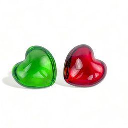 Baccarat Crystal Hear Paperweights In Red And Green