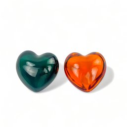 Baccarat Crystal Heart Paperweights Forest Green And Orange