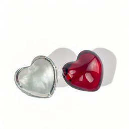 Baccarat Crystal Heart Paperweights In Red And Clear