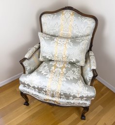 Phenomenal Antique French Arm Chair In Satin Damask Upholstery