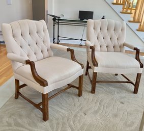 Pair Of Chippendale Style Arm Chairs Upholstered In White