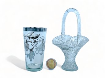Oversized Sterling Detailed Crystal Vase And Crystal Basket Vase