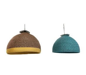 Two Tidelli Outdoor Rope Ceiling Pendants, Blue Green, Brown And Golden Yellow