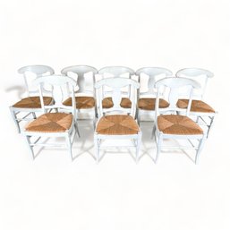 Set Of Eight Country White Dining Chairs With Rush Seats, Distressed Finish