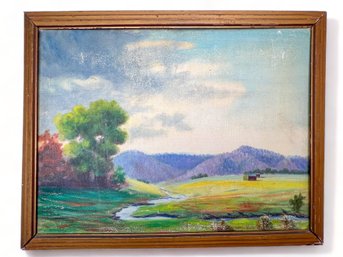 Oil Painting On Board, Pastoral Landscape Scene