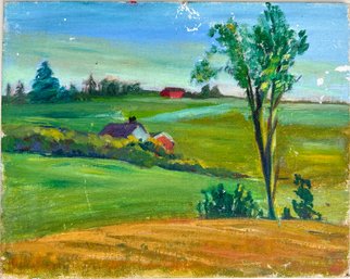 Oil On Canvas Board, Farmland Landscape Painting