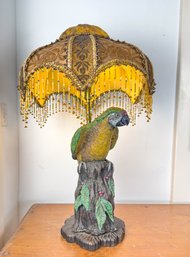 Victorian Plaster Cast Parrot Table Lamp With Carved Wooden Base And Phenomenal Shade