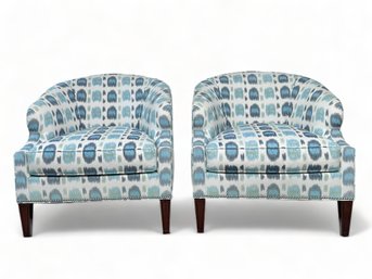 Hickory Chair, Pair Barrel Arm Chairs With Ikat Upholstery And Nailhead Detail