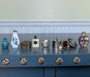 Sweet Collection Of Vintage Small Parfume Bottles Sterling Silver, Bone, Porcelain, Etc