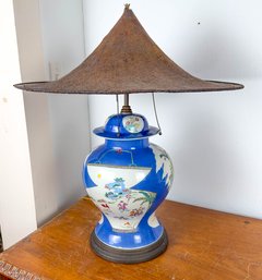 Antique Japanese Porcelain Lamp With Cane Shade