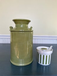Lagardo Tackett For Schmid Porcelain Sugar Or Honey Jar And Green Milk Can Style Cookie Jar