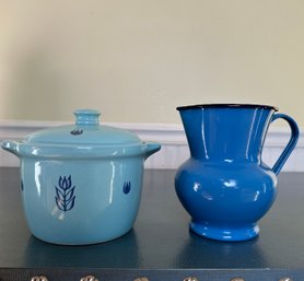Vintage USA Bake Oven Ceramic Serve Wear And Blue With White Interior Enamel Pitcher