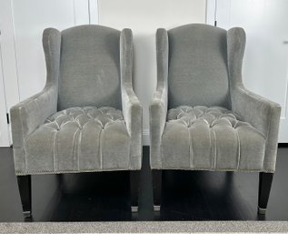 Pair Williams Sonoma Wingback Lounge Chairs In Grey Mohair With NailHead Detail