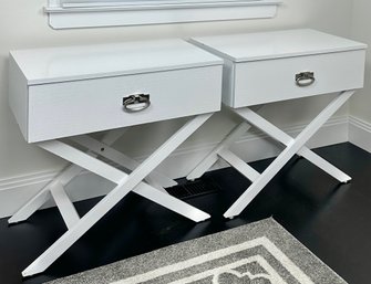 Pair Of White X - Base Side Or Bedside Tables With Faux Croc Detail