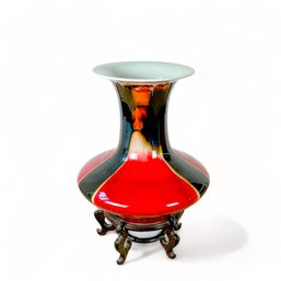 Chinese Export 20' Tall Vase With White, Red And Black Glaze On Rosewood Base