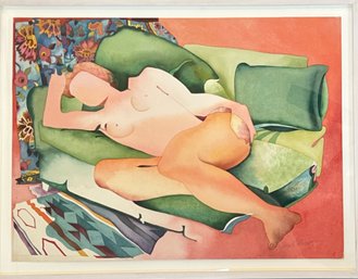 Claude Ponsot, On Green Sofa, Abstract Expressionist Figurative Watercolor On Paper, French