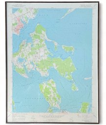 Vintage Nautical Chart Of Shelter Island And Surrounding Bodies Of Water, Framed