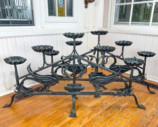 Antique Floor Candle Stands, In The Manner Of Samuel Yellin, Wrought Iron In Hitchcock Green Paint