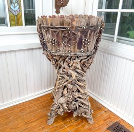 Early Folk Art, Tramp Art Drift Wood And Cigar Box Punch Out Planter With White Glass Detailing