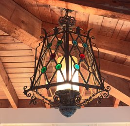 Antique Spanish Revival, Wrought Iron And Colored Glass Ceiling Pendant