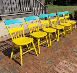 Antique Side Chairs Painted Turquoise And Yellow Set Of Six