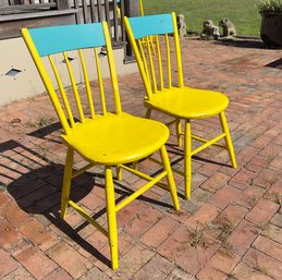 Turquoise And Yellow Painted Side Chairs Pair #2