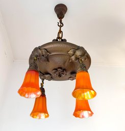 Antique Bradley & Hubbard Bronze And 4 Light With Glass Cover Ceiling Pendant With