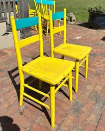 Pair Of Antique Side Chairs Painted Turquoise And Yellow