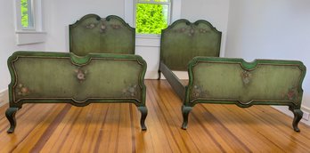 French Provincial Style Antique Twin Bed Frames In Green Paint With Hand Painted Floral Detail