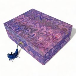 Italian Pavone Amethyst Fabric Covered Jewelry Box With Key