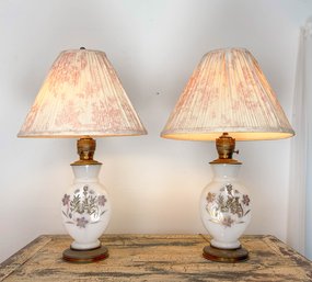 Pair, Antique White Opaline Glass Table Lamps With Hand Painted Floral Detail