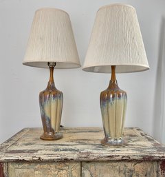 Pair Of Mid Century Ceramic With Wood Neck, Table Lamps