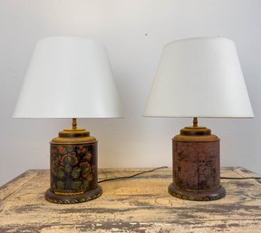 Pair Of Antique Tole Table Lamps, Painted Black With Floral Detail