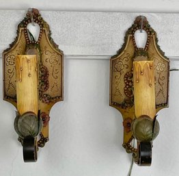 Antique Lincoln No. 904 Metal Wall Sconce With Sculptural Flora And Fauna, Pair