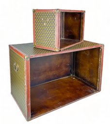 Vintage Leather Covered Wooden Boxes With Fleur De Lis Print