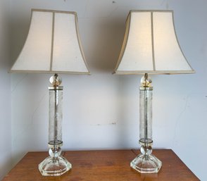 Pair Of Stately Column And Ball, Etched Crystal Table Lamps