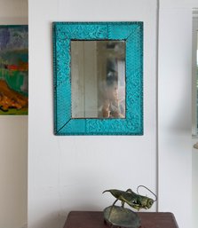 Antique Beveled Edge Mirror In Wooden Frame Painted Turquoise