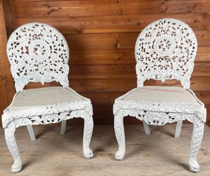 Pair Of Heavily Carved, Hard Wood, Antique Side Chairs With Animals, Flora And Fauna, Painted White