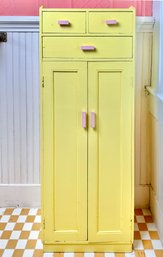 Vintage Two Door, One Drawer Petite Cabinet, Painted Yellow And Pink