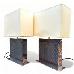 Pair JNL Cherry Wood And Chrome Base Table Lamps, Retail At $1,300 Per Lamp