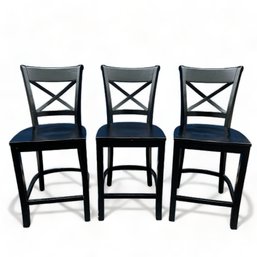 Set Of Three Crate And Barrel Cross Back Counter Stools In Black