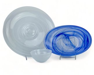 Hand Blown Glass Serving Plates And Bowl Blue And White