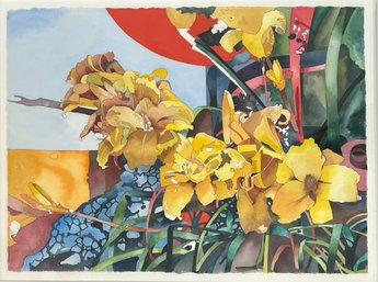 Claude Ponsot, Yellow Lilies, French School Framed Watercolor On Paper