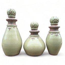 Three Stoneware Lidded Jars In Celadon Or Olive Green Crackle Glaze