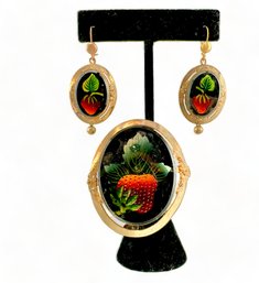 Victorian Gold Fill Reverse Painted Glass Earrings And Pendant Or Brooch Set Strawberries